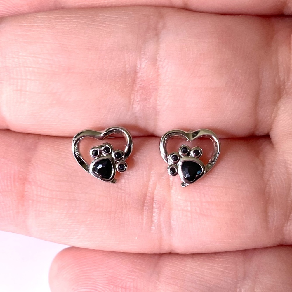 Love My Pet Paw Print Black Crystal Silver Toned Stud Earrings - Picture 2 of 3
